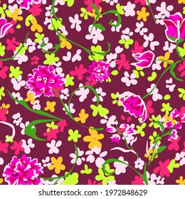 Graphic made of abstract flowers. Summer nature motif. Elegant blooming flowers mixed with meadow small daisies. Botanical seamless pattern with meadow plants. Good for textile, fabric.