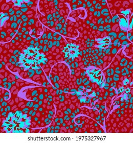 Graphic made of abstract flowers. Summer nature motif. Elegant blooming flowers on animal skin leopard dots background. Botanical seamless pattern with meadow plants. Good for textile, fabric.
