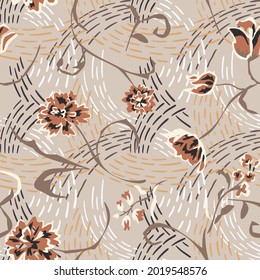 Graphic made of abstract flowers. Summer nature motif. Elegant blooming florals on wavy dashed lines background. Botanical seamless pattern with meadow plants. Vintage style. Good for textile, fabric.