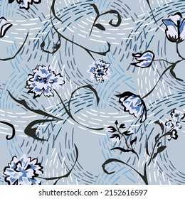 Graphic made of abstract flowers. Summer nature motif. Elegant blooming florals on wavy dashed lines background. Botanical seamless pattern with meadow plants. Vintage style. Good for textile, fabric.