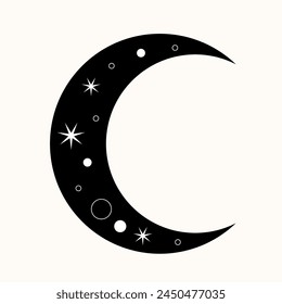 Graphic Magic Boho Moon Symbol Icon. Eternal Balance: The Art of Yin and Yang in Cosmic Harmony. Timeless Dance. Black Meets White in the Endless Cycle of Cosmic Balance. A Simple Symbol.