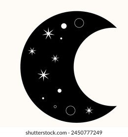 Graphic Magic Boho Moon Symbol Icon. Eternal Balance: The Art of Yin and Yang in Cosmic Harmony. Timeless Dance. Black Meets White in the Endless Cycle of Cosmic Balance. A Simple Symbol.