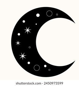 Graphic Magic Boho Moon Symbol Icon. Eternal Balance: The Art of Yin and Yang in Cosmic Harmony. Timeless Dance. Black Meets White in the Endless Cycle of Cosmic Balance. A Simple Symbol.