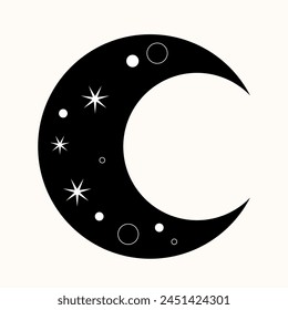 Graphic Magic Boho Moon Symbol Icon. Eternal Balance: The Art of Yin and Yang in Cosmic Harmony. Timeless Dance. Black Meets White in the Endless Cycle of Cosmic Balance. A Simple Symbol.
