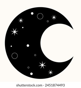 Graphic Magic Boho Moon Symbol Icon. Eternal Balance: The Art of Yin and Yang in Cosmic Harmony. Timeless Dance. Black Meets White in the Endless Cycle of Cosmic Balance. A Simple Symbol.