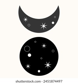 Graphic Magic Boho Moon Symbol Icon. Eternal Balance: The Art of Yin and Yang in Cosmic Harmony. Timeless Dance. Black Meets White in the Endless Cycle of Cosmic Balance. A Simple Symbol.
