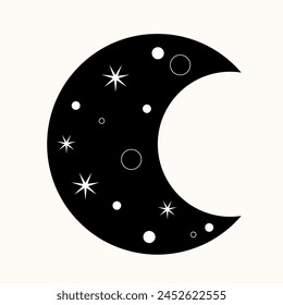 Graphic Magic Boho Moon Symbol Icon. Eternal Balance: The Art of Yin and Yang in Cosmic Harmony. Timeless Dance. Black Meets White in the Endless Cycle of Cosmic Balance. A Simple Symbol.