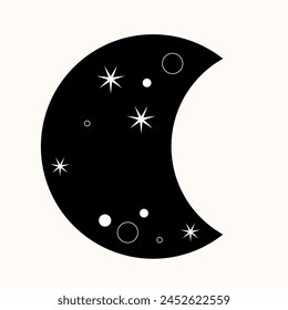 Graphic Magic Boho Moon Symbol Icon. Eternal Balance: The Art of Yin and Yang in Cosmic Harmony. Timeless Dance. Black Meets White in the Endless Cycle of Cosmic Balance. A Simple Symbol.