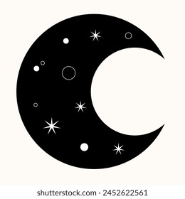 Graphic Magic Boho Moon Symbol Icon. Eternal Balance: The Art of Yin and Yang in Cosmic Harmony. Timeless Dance. Black Meets White in the Endless Cycle of Cosmic Balance. A Simple Symbol.