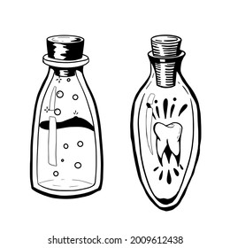 Graphic magic bottles with a potion on white. Mystery occult Halloween design elements or stickers.