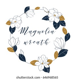 Graphic magnolia wreath in deep blue and bronze colors. Vector hand draw illustration with magnolia flowers,buds and leaves.