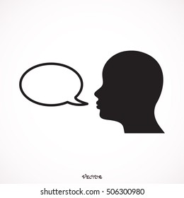 A graphic of a male head silhouette with a speech bubble. Isolated on a solid white background.