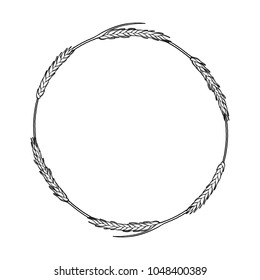 Graphic malt wreath isolated on white background. Vintage vector design with cereals drawn in engraving technique. Coloring book page