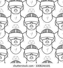 Graphic man with open mouth wearing virtual reality headset. VR glasses. Vector seamless pattern. Coloring book page design for adults and kids