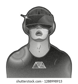 Graphic man with open mouth wearing virtual reality headset drawn in stippling technique. VR glasses. Modern cyber technologies for gaming.