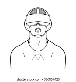 Graphic man with open mouth wearing virtual reality headset. VR glasses isolated on white background. Modern cyber technologies for gaming. Coloring book page design for adults and kids