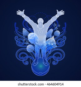 Graphic man standing on ball surrounded by fantasy creatures. Conceptual line art in blue colors. 