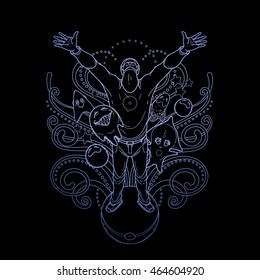 Graphic man standing on ball surrounded by fantasy creatures. Conceptual line art in blue colors. 