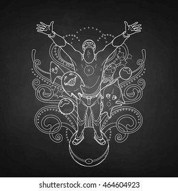 Graphic man standing on ball surrounded by fantasy creatures. Conceptual line art in black and white colors