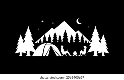Graphic of a man and woman camping in the forest at night.