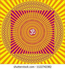 Graphic mandala with Aum / om / ohm sign in yellow, orange, purple colors. Spiritual symbol. Laced Ornament. Vector picture