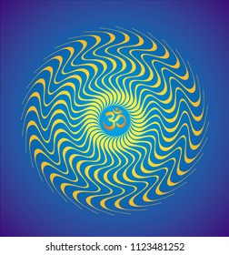 Graphic mandala with Aum / om / ohm sign in yellow and blue colors. Pattern of rotation. Spiritual symbol. Laced Ornament. Vector picture