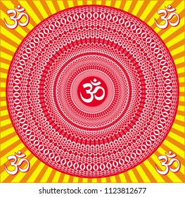 Graphic mandala with Aum / om / ohm sign in yellow, orange, red colors. Spiritual symbol. Laced Ornament. Vector picture