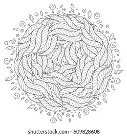 Graphic Mandala with waves and curls. Element of sea. Zentangle inspired style. Coloring book (page) for adults and older children. Art vector illustration