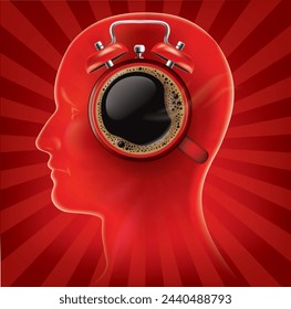 Gráfico de la cabeza de un hombre con una taza de café roja en la cabeza.