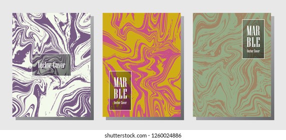 Graphic marble prints, vector cover design templates. Fluid marble stone texture iInteriors fashion magazine backgrounds  Corporate journal patterns set of liquid ink waves. Cover pages set.