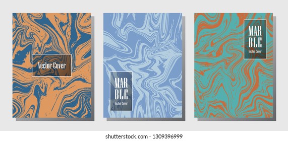 Graphic marble prints, vector cover design templates. Fluid marble stone texture iInteriors fashion magazine backgrounds  Corporate journal patterns set of liquid clay waves. Brochure covers set.