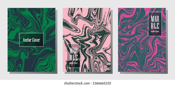 Graphic marble prints, vector cover design templates. Fluid marble stone texture iInteriors fashion magazine backgrounds  Corporate journal patterns set of liquid ink waves. Cover pages set.