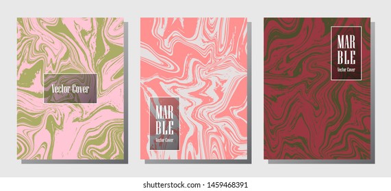 Graphic marble prints, vector cover design templates. Fluid marble stone texture iInteriors fashion magazine backgrounds  Corporate journal patterns set of liquid clay waves. Splash effect prints.