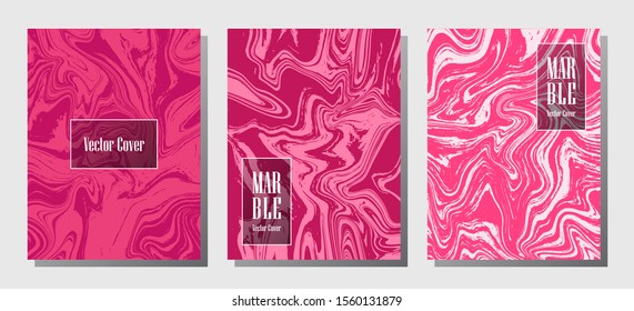 Graphic marble prints, vector cover design templates. Fluid marble stone texture iInteriors fashion magazine backgrounds  Corporate journal patterns set of liquid paint waves. Brochure covers set.