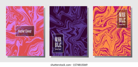 Graphic marble prints, vector cover design templates. Fluid marble stone texture iInteriors fashion magazine backgrounds  Corporate journal patterns set of liquid oil waves. Flyers, banners set.