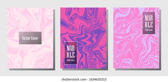 Graphic marble prints, vector cover design templates. Fluid marble stone texture iInteriors fashion magazine backgrounds  Corporate journal patterns set of liquid ink waves. Invitation cards set.