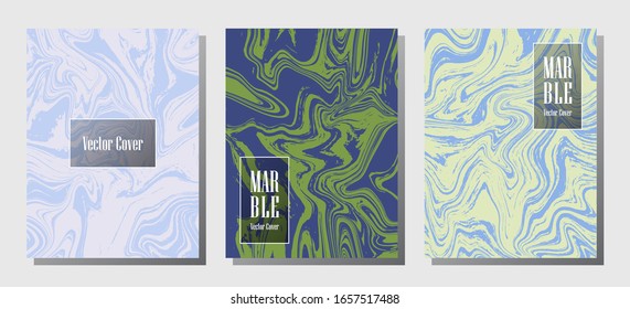 Graphic marble prints, vector cover design templates. Fluid marble stone texture iInteriors fashion magazine backgrounds  Corporate journal patterns set of liquid paint waves. Report covers.
