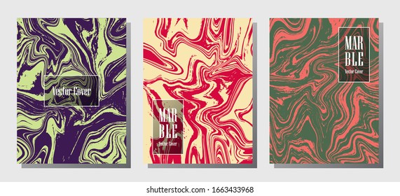 Graphic marble prints, vector cover design templates. Fluid marble stone texture iInteriors fashion magazine backgrounds  Corporate journal patterns set of liquid clay waves. Posters set.