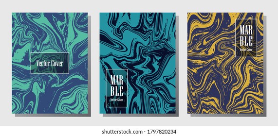 Graphic marble prints, vector cover design templates. Fluid marble stone texture iInteriors fashion magazine backgrounds  Corporate journal patterns set of liquid oil waves. Splash effect prints.