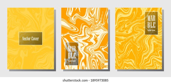Graphic marble prints, vector cover design templates. Fluid marble stone texture iInteriors fashion magazine backgrounds  Corporate journal patterns set of liquid oil waves. Cover pages set.