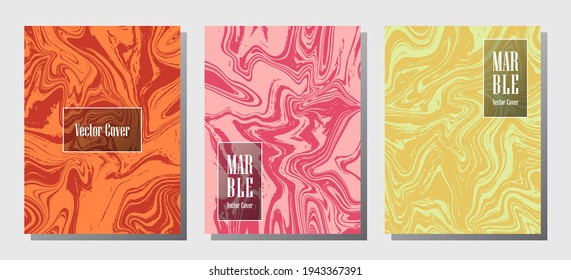 Impresiones de mármol gráfico, plantillas de diseño de portada vectorial. Textura de piedra de mármol fluido iInteriors fondo de la revista de moda Patrones de revistas corporativos conjunto de ondas de pintura líquida. Juego de afiches.