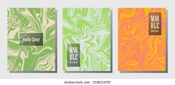 Impresiones de mármol gráfico, plantillas de diseño de portada vectorial. Textura de piedra de mármol fluido iInteriors fondo de la revista de moda Patrones de revistas corporativos conjunto de ondas de tinta líquida. Juego de afiches.