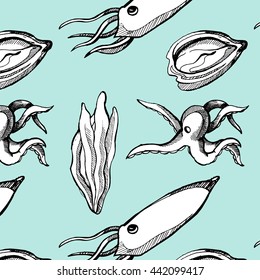 graphic marine life squid octopus seaweed seamless vector pattern pencil drawing