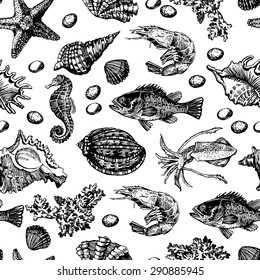 Graphic Marine pattern. Hand drawing. Seamless for fabric design, gift wrapping paper and printing and web projects.