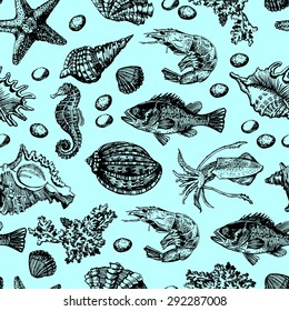 Graphic Marine seamless. Hand drawing. Graphic drawings of various inhabitants of the underwater world. Seamless for fabric design, gift wrapping paper and printing and web projects.