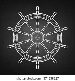  Graphic marine steering wheel drawn in line art style. Sea and ocean vector emblem isolated on chalkboard