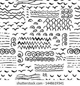 Graphic markers pattern in Scandinavian style with wave,seagulls,brush stroke waves,surge,dashed lines.Design Japanese,Chinese template.Vector hand drawn line isolated on white background.Seagulls.