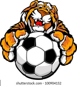 Graphic Mascot Vector Image of a Friendly Tiger with Paws on a Soccer Ball
