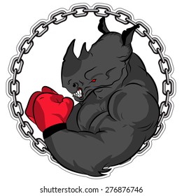 Graphic Mascot Vector Image of a rhino boxer. Logos for sport athletic club. Coat of Arms for the gym or sports shop. Chain. Vector illustration Eps 10