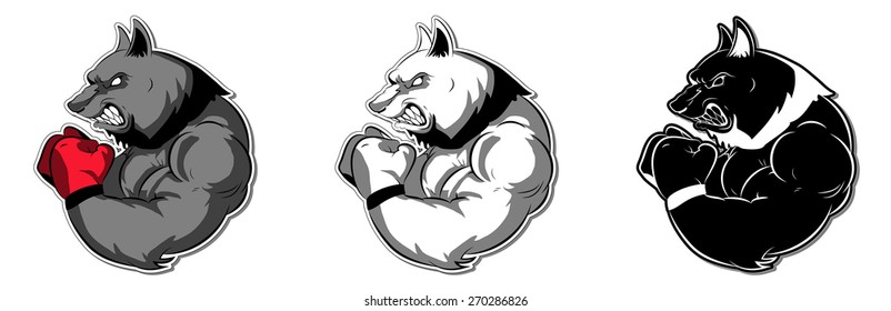 Graphic Mascot Vector Image of a wolf boxer. Logos for sport athletic club. Coat of Arms for the gym or sports shop. Kickboxing. Vector illustration Eps 10